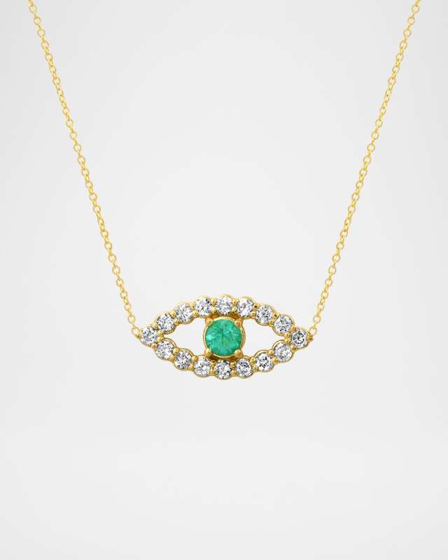 18K Yellow Gold Medium Open Evil Eye Necklace with Emerald and Diamonds